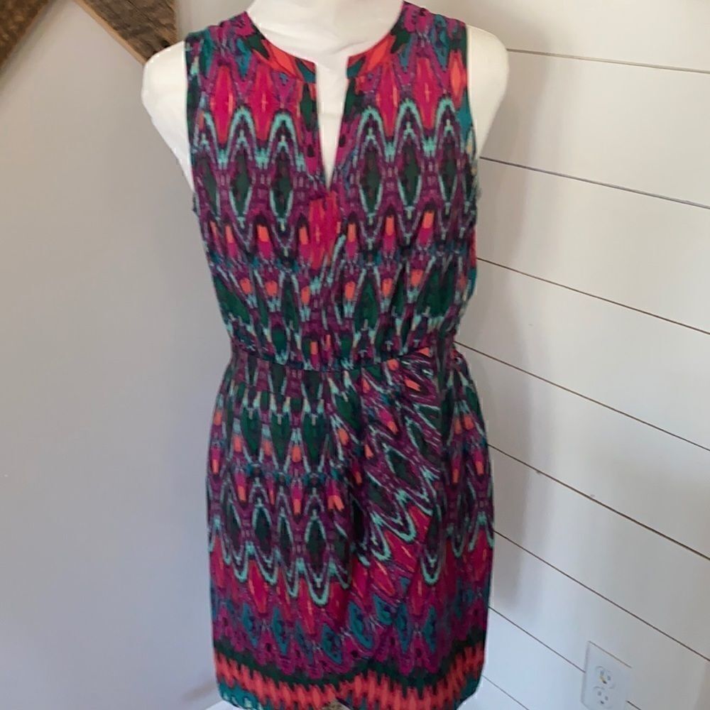 Charlie Jade | Bright Ikat Print V Neck Sleeveless Dress | S